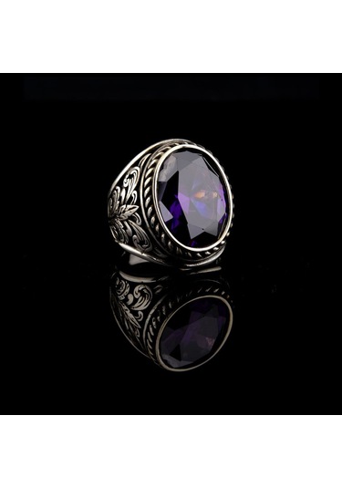 925 Ayar Gümüş Yaprak İşlemeli Ametist Taşlı Erkek Yüzük Çok Renkli