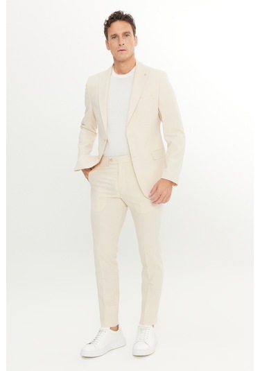 Erkek Bej Slim Fit Dar Kesim Kırlangıç Yaka Kapak Cepli Çizgili Esnek Takım Elbise Bej