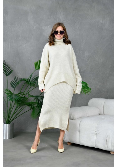 Kadın Balıkçı Yaka Oversize Kazak Uzun Etek İkili Triko Takım Taş