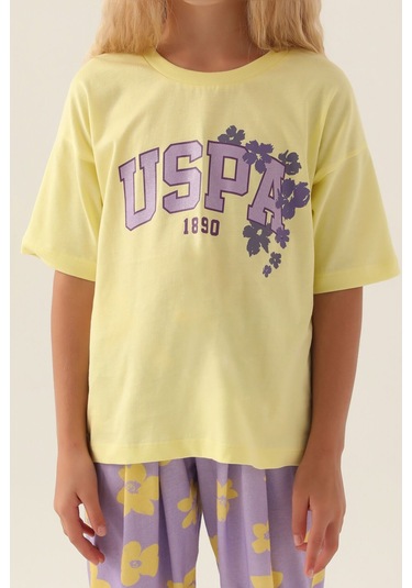 U.s. Polo Assn Lisanslı Floral Pattern Kız Çocuk Pijama Takımı Açık Sarı
