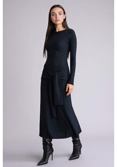 Defacto Bodycon Vücudu Saran Penye Midi Elbise G7878ax26spnv253 Lacivert-nv253