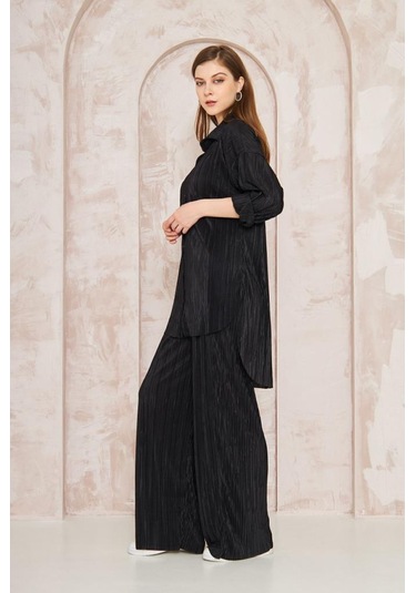 Kadın Pliseli Beli Lastikli Pantolon Tunik Gömlek Ikili Bürümcük Salaş Takım 3573300 Siyah