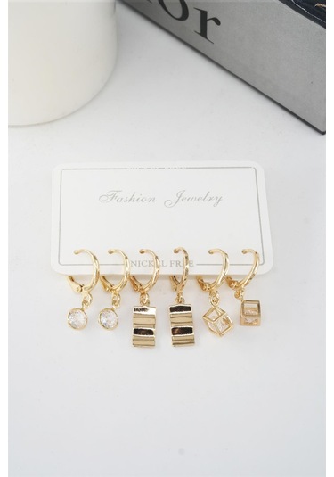 Byzeynaaksesuar Kadın Zirkon Taşlı Sallantılı Kare Figürlü Klipsli 6'lı Küpe Seti Çok Renkli