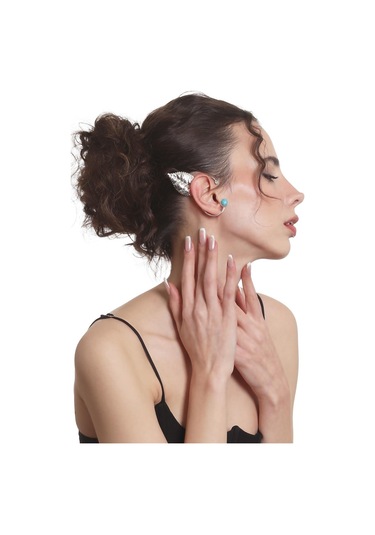 Kadın Gümüş Renk Lak Kaplama Taşlı Dokulu Yaprak Stilizesi Sağ Kulak Earcuff & Kıkırdak Küpe Çok Renkli