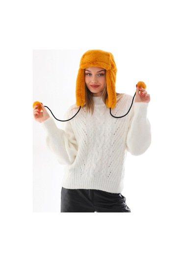 Kadın Hardal Kürklü Kulaklıklı Peluş Şapka Hardal