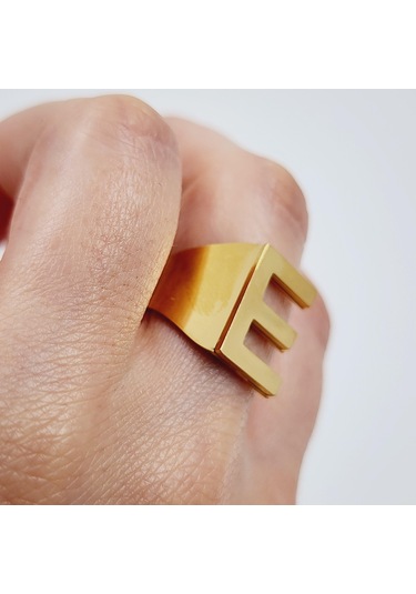 Çelik Gold Düz Kesim Harf Yüzük -e Harfi- Ayarlı Ölçü-1892