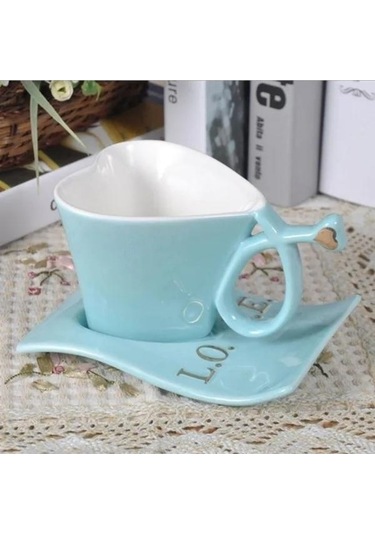 Createtech Mavi Kalp Şeklinde Bardak Set, Sevgililer Günü Hediyesi, Fincan Ve Süt Kaşığı İle Sıcak Kahve Mavi
