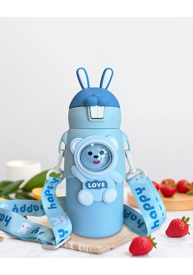 Mavi Tavşan Kulaklı Çocuk Termosu Paslanmaz Çelik Mavi