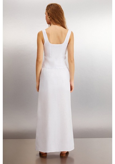 GRIMELANGE Ombretta Kadın %100 Keten Regular Beyaz Etek Beyaz