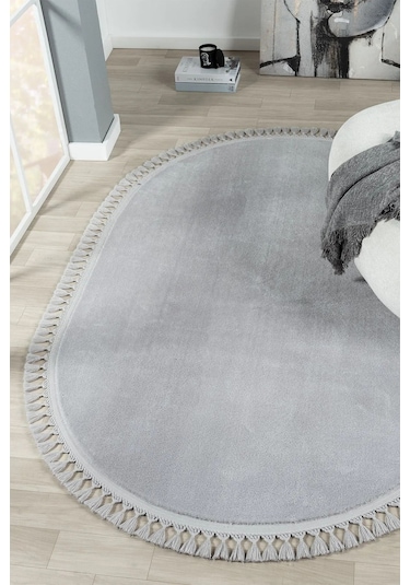 Puffy Gri Oval Örgü Saçaklı Peluş Yumuşacık Yıkanabilir Kaymaz Taban Halı Salon Oturma Odası Gri