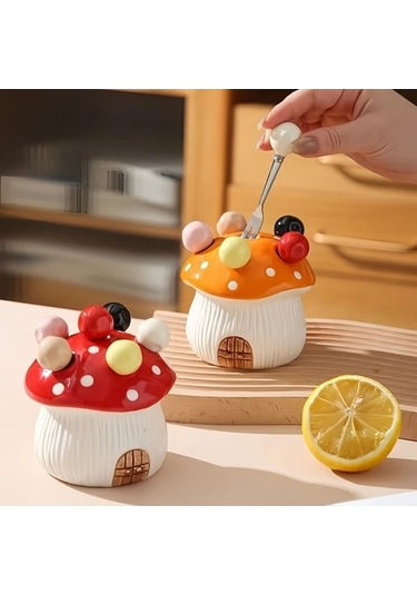 Trendooze Gaojunshop01 7 Parça Sarı Seramik Mantar Pasta Çatal Seti 304 Paslanmaz Çelik Meyve Aletleri Sarı Sarı