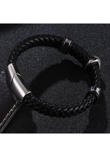 Erkek Örgülü Deri Kurukafa Bileklik Paslanmaz Çelik Erkek Bilezikleri Parti Takıları Hediye Punk Bileklik Kahverengi