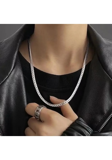 Silver Ezme Yassı Yılan Çelik Unisex Kolye 65cm Gümüş