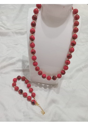 Kırmızı Yuvarlak Kolye Ve Bileklik Takımı Kırmızı