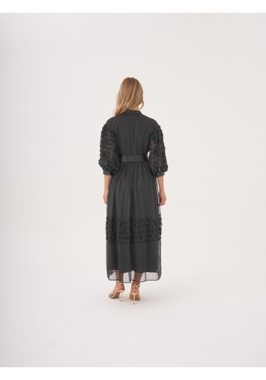 Dantel Detaylı Kemerli Şifon Gömlek Elbise Siyah