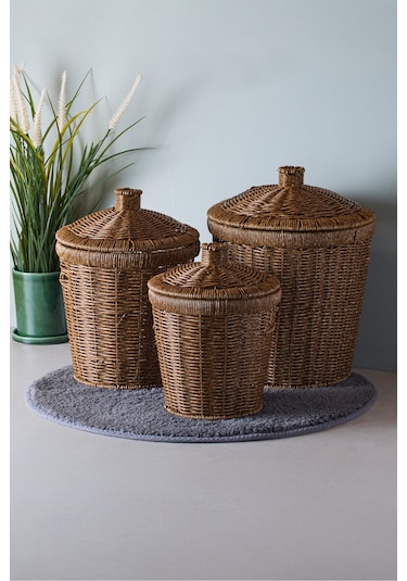 Bansko 3'lü Koyu Kahverengi Patates Soğan Sarımsak Sepeti Koyukahverengı Hasır Kahve