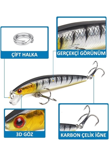 Valkyrie 10 Adet 10cm 9gr Minnow Sahte Olta Yem Seti Rapala 1m Derinlik 10 Farklı Renk Karbon Çelik İğne
