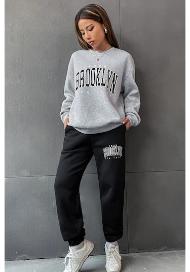 Modagen Kadın Siyah Gri Brooklyn Baskı Oversize Bisiklet Yaka Alt Üst Eşofman Takımı Grisiyah