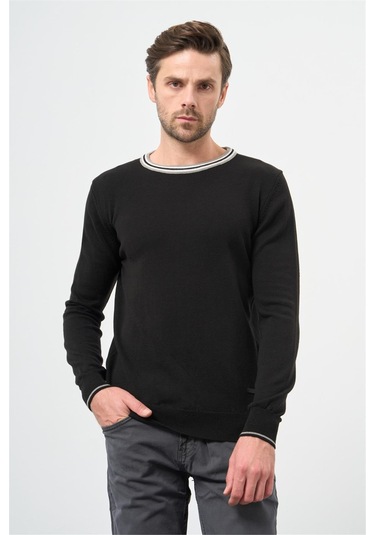 Siyah Uzun Kol Düz Örme Bisiklet Yaka Classic Slim Fit Triko 1012245108 Siyah