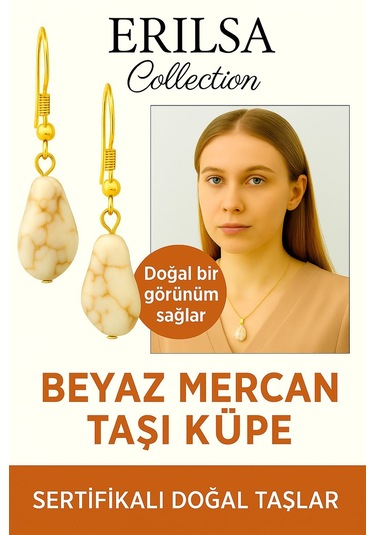 Sertifikalı Altın Renkli Beyaz Mercan Taşı Küpe Saflık, Huzur V Çok Renkli