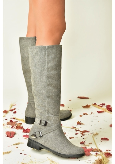 Fox Shoes Gri Süet Kısa Topuklu Kadın Çizme E726203402 Gri