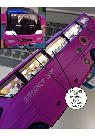 Metal Yolcu Otobüsü Dıecast Koleksiyon Sesli Işıklı Far Yanar Oto