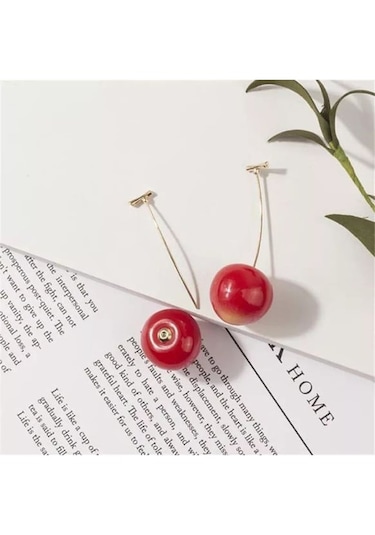 Altın Kaplama Kiraz Cherry Küpe Kırmız - Altın