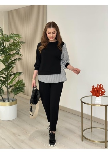 Modasize Kadın Gömlek Detay Çizgili Yandan Bağlamalı Ikili Takım Siyah