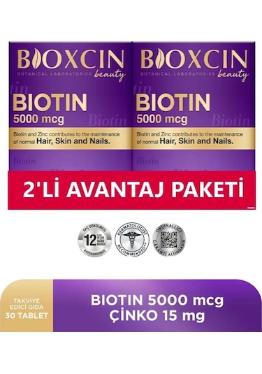 Bioxcin Biotin 5.000 Mcg + Çinko 15 Mg Saç ve Tırnak Vitamini 2 x 30 Tablet