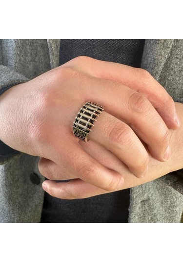 925 Ayar Gümüş Kurşun Motifli Usta İşi Erkek Yüzük Gümüş