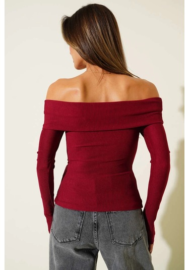 Madonna Yaka Düğmeli Bluz Bordo T4329 Bordo