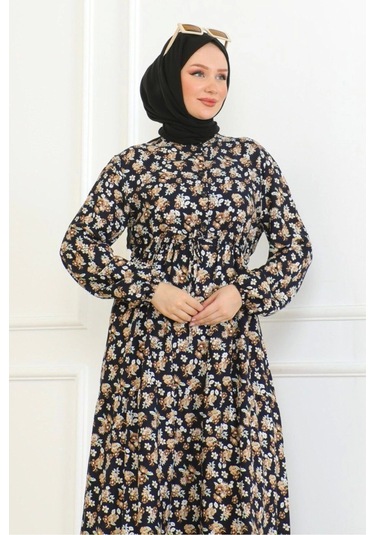 Çiçek Desenli Bağlamalı Viskon Kumaş Elbise - Lacivert Lacivert