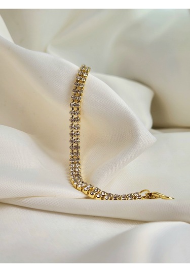 İki Sıralı Kristal Su Yolu Altın Kaplama Gold Renk Bileklk Gold