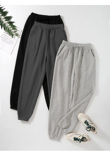 3'lü Basic Düz Eşofman Altı Jogger - Siyah Füme Gri Lastik Paça Yüksel Bel Siyah Füme Gri