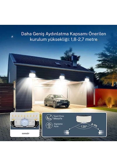 Techtic Güneş Enerjili Solar Lamba 234led Hareket Sensörlü Kumandalı Su Geçirmez Duvar Lambası Siyah