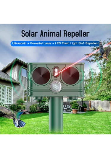 Youtek Solar Güçlü Ultrasonik Hayvan Kovucu - Lazer+led Işık+entegre Li-poly Batarya, 5 Mod, 120 Derece Geniş Açı, Ip54 Su Geçirmez, Koyu Yeşil