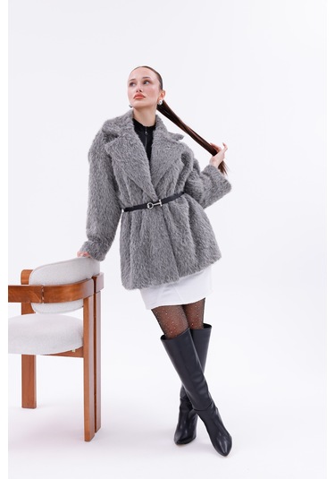 Kemer Detaylı-astarlı-düğmeli Kadın Kaban Gri