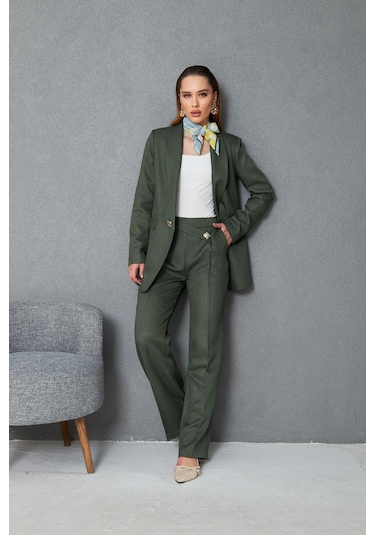 Kare Düğmeli Yünefekt Takım Haki Haki