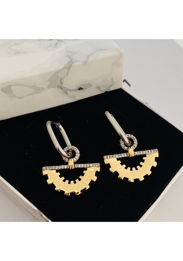Çelik Kadın Küpe Trend Yelpaze Küpe Çift Renk Gold - Gümüş