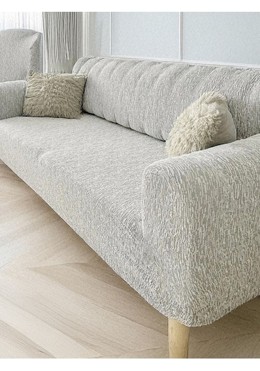 Upmall Jakarlı Koltuk Kanepe Kılıfı Çekyat Örtüsü 3+3+1+1  Krem