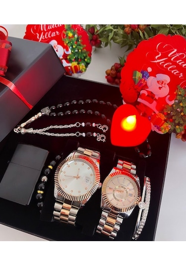 Gümüş Rose Metal Kordon Çift Saati Hediye Kare Saat Set Kutu Gümüş