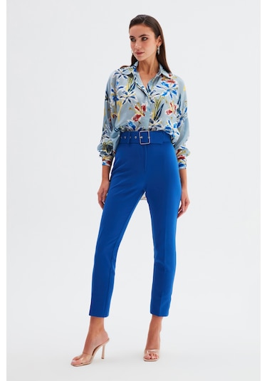 Sateen Yüksek Bel Kemerli Pantolon - İndigo-132324 İndigo
