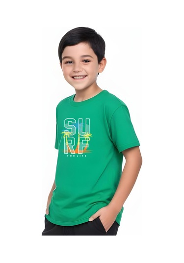 Surf Baskılı Erkek Çocuk Kısa Kollu Tişört Yeşil