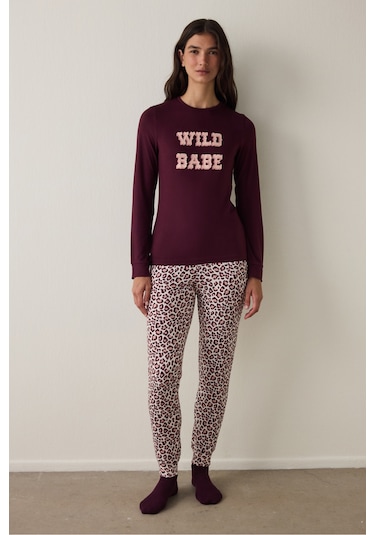 Penti Bordo Sloganlı Uzun Kollu Termal Etkili Pijama Üstü