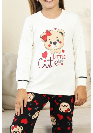 Kız Çocuk Ayıcık Baskılı %100 Pamuk İnterlok Kumaş Pijama Takımı 12347 Ekru