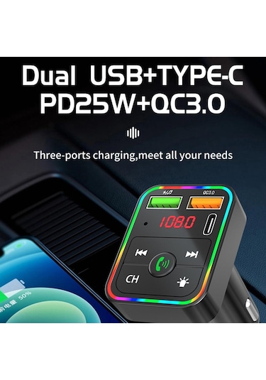 Pdf2 Ortam Işığı İle Hızlı Şarj Cihazı Fm Verici Bluetooth Eller Serbest Arama Mp3 Çalar