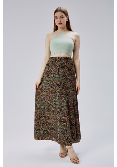 Bw Best Woman Viskon Kumaş 8 Parça Uzun Kadın Etek- Yeşil Desenli Çok Renkli