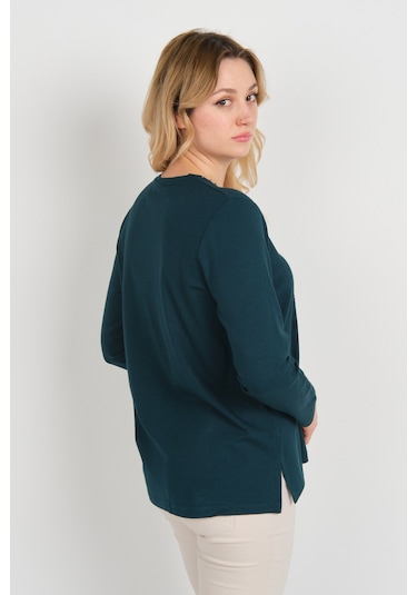 Detay Triko Kadın Önü Taş Süslemeli Yakası Boncuk Detaylı Uzun Kol Anne Bluz 5747 Zümrüt Zümrüt