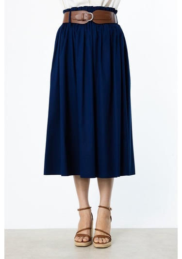 Ekol Yüksek Bel Kemerli Karışım Kumaş Etek-5654 Lacivert