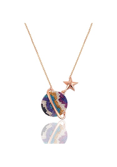 Söğütlü Silver Gümüş Rose Ebruli Zirkon Taşlı Satürn Gezegen Kolye